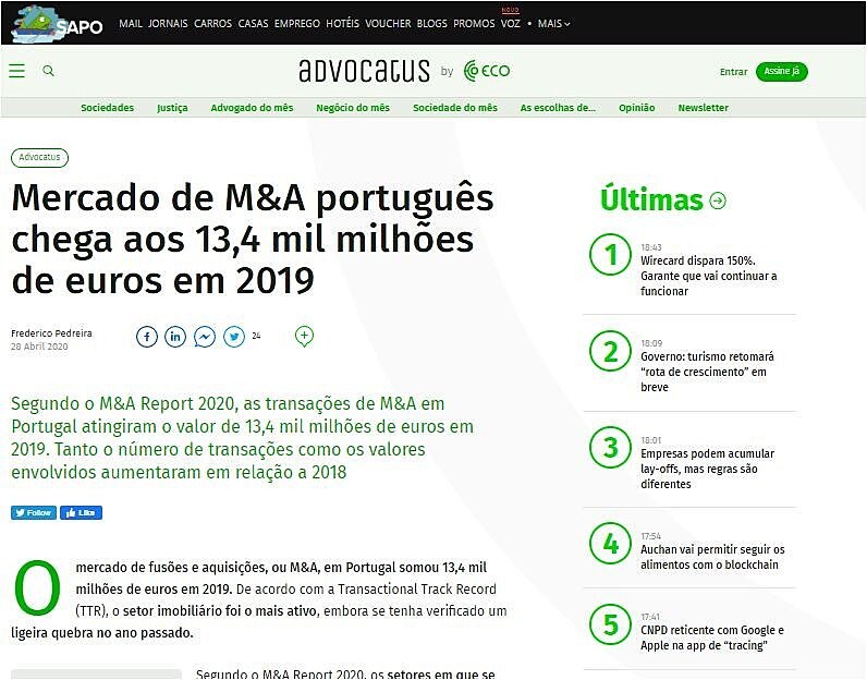 Mercado de M&A portugus chega aos 13,4 mil milhes de euros em 2019